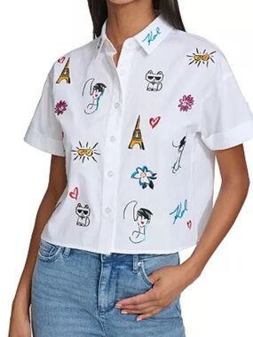 Karl Lagerfeld White Short-Sleeve Embroidered Button-Down Shirt
